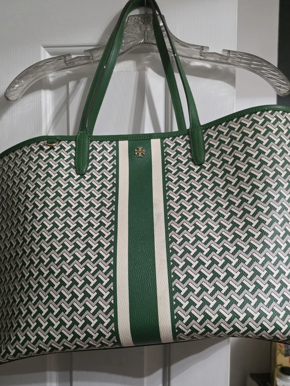 Tory Burch Green Patterned Stripe Tote Bag